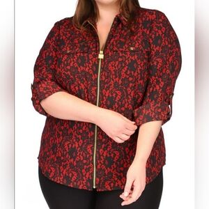 BNWT Michael Kors S 1X Woman Black Red Floral Top Blouse Zip Front Career Office
